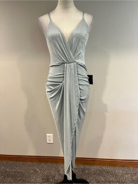 Lulu's Silver stale blue One-Shoulder Draped Midi Dress size small